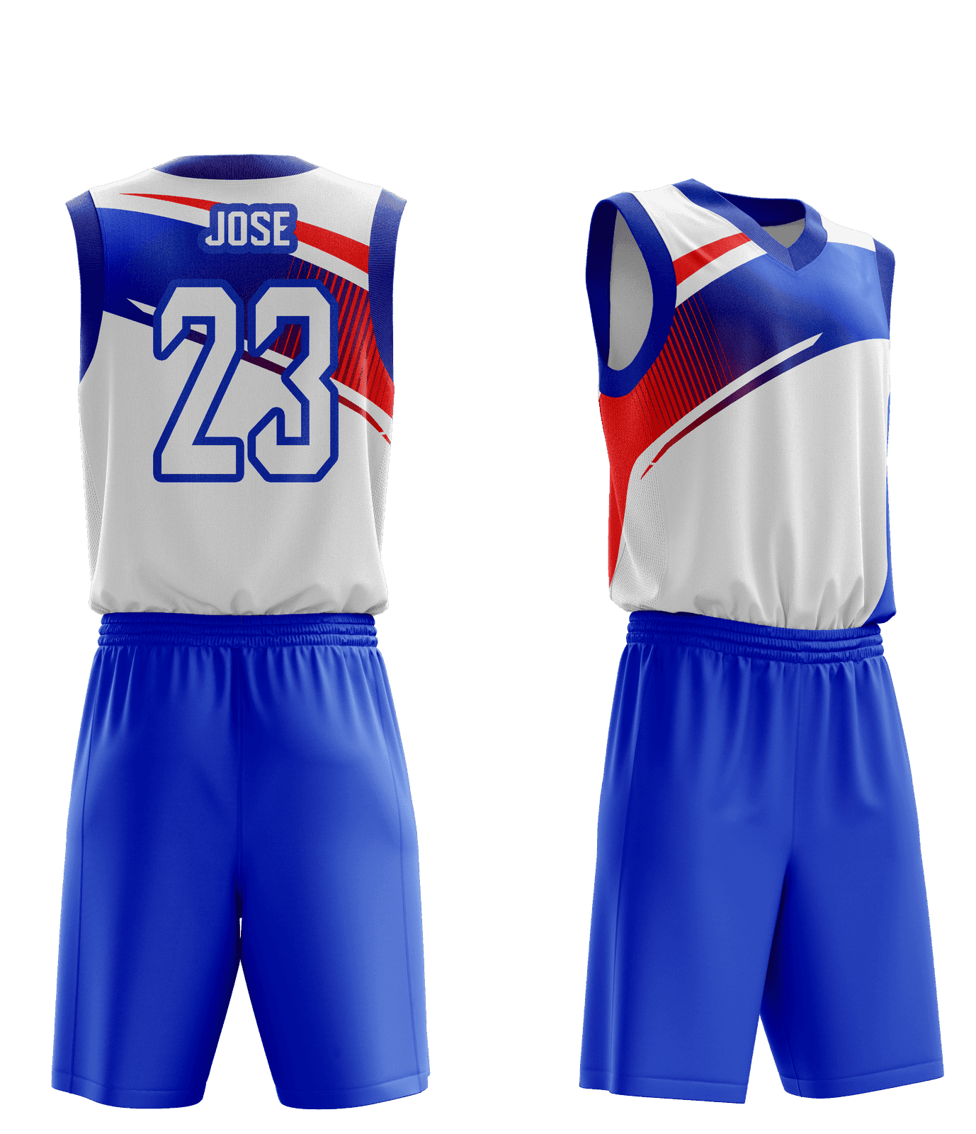 Equipación de baloncesto personalizada JWA Sport para José, versión blanca con detalles azul y rojo