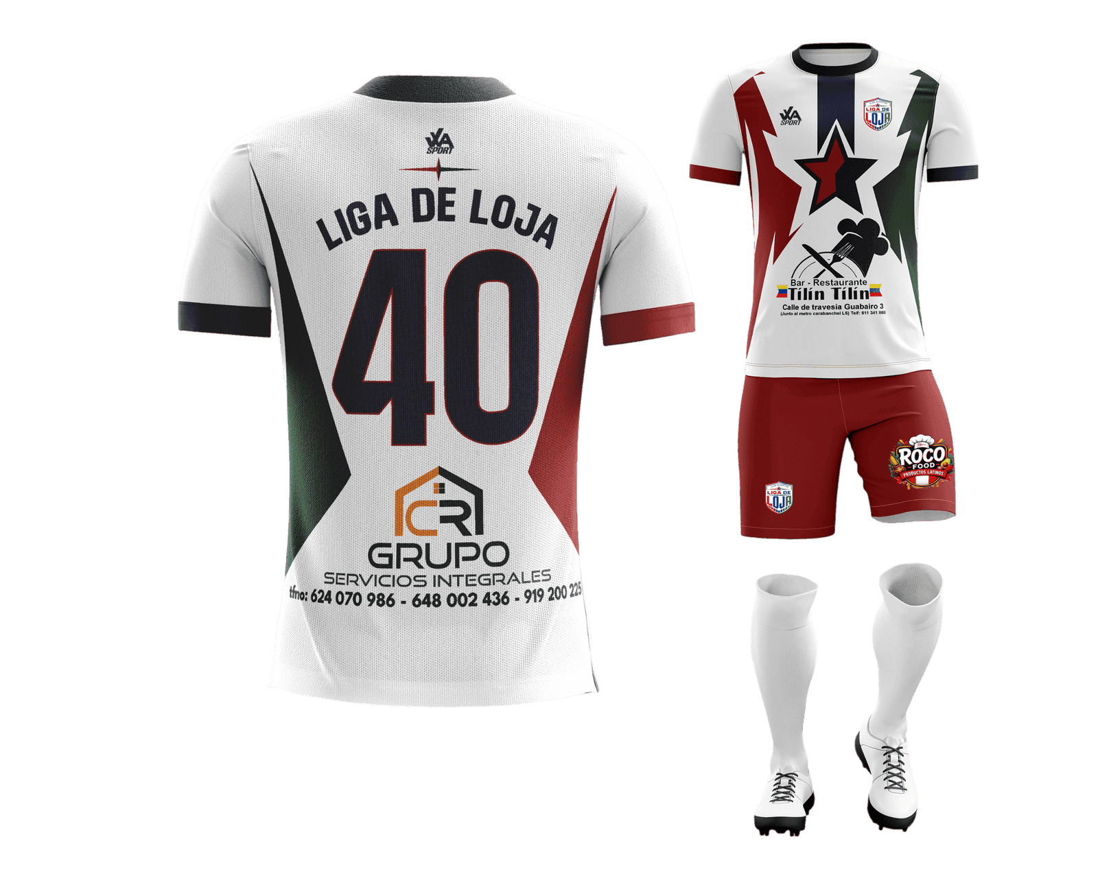 Equipación de fútbol personalizada JWA Sport para Liga de Loja con patrocinadores incluidos